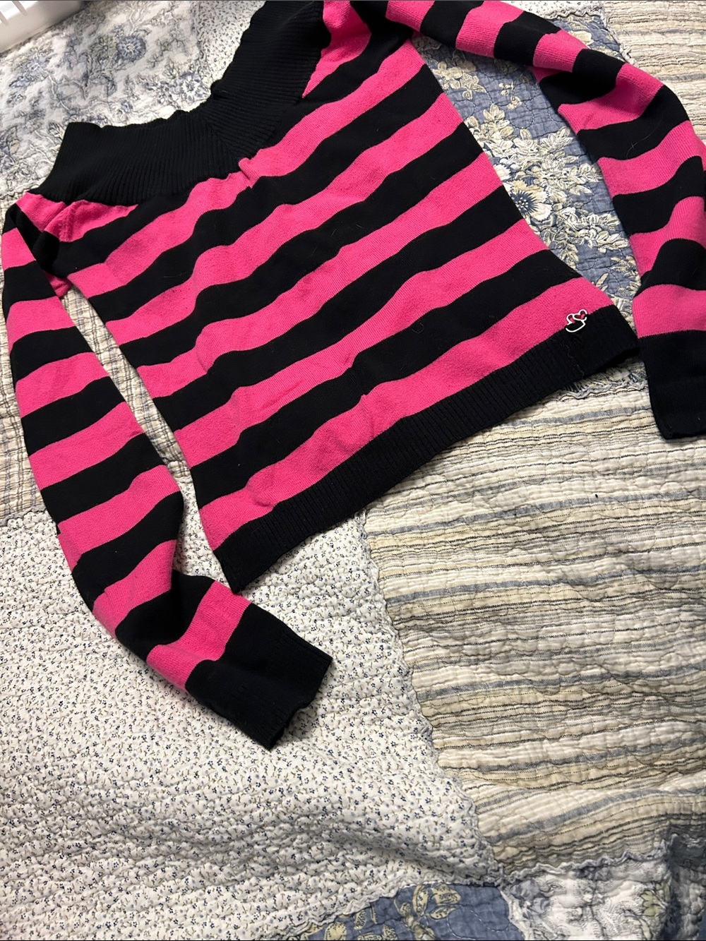 Off-the-Shoulder Black and Hot Pink Stripe Sweater
